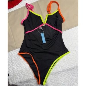 Live Life On The Beach Black Cutout Swimsuit Sz M Tummy Control Hi Waist Neon